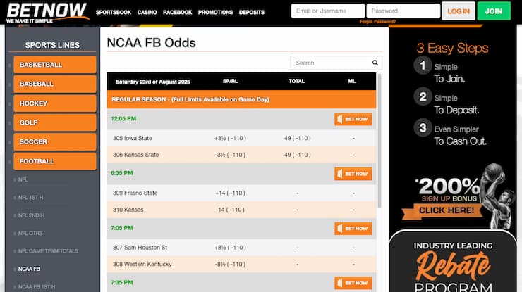 A snapshot of BetNow, one of our top rated college football betting sites.